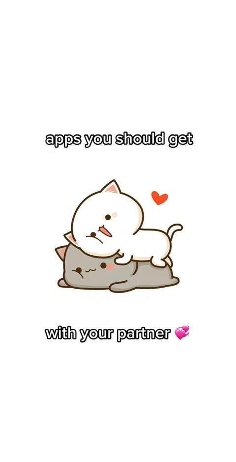The cover image features a white background with two cartoon cat figures, one gray and one white, in an affectionate pose. The gray cat is on the bottom, and the white cat is on top, and there's a small red heart. Text overlays are used to convey the video's theme which is about couple apps.