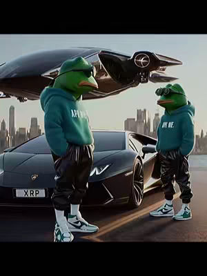 The cover image features a digitally rendered cityscape backdrop with a futuristic aircraft and a black sports car. Two anthropomorphic frog characters, dressed in streetwear, stand near the car. The dominant colors are green, black, and blue with some white and gray accents. The composition is well-balanced, giving a modern and stylized appearance.