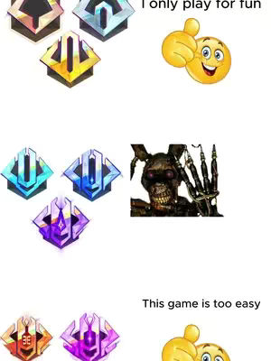 A meme-style image with multiple panels. The top left shows game rank icons. The top right shows a thumbs-up emoji. Below, the image displays more rank icons and a Springtrap character image. The bottom left shows further rank icons with a laughing emoji below.