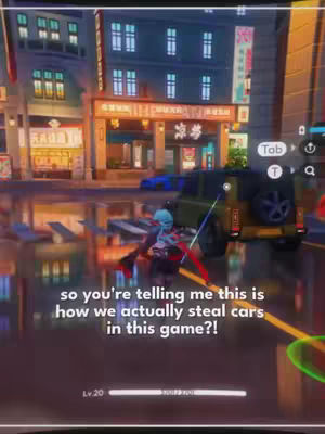A video game scene is displayed, showing a character in action amidst a city environment. Text overlays the gameplay footage.
