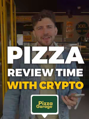 A man stands in front of a pizza shop, looking directly at the camera. The image has a large text overlay: 'PIZZA REVIEW TIME WITH CRYPTO'. The brand name, 'Pizza Garage', is visible in a logo at the bottom. The background is blurred, suggesting a brightly lit pizza shop interior.