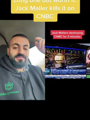 The image is split in two, with the creator on the left and a CNBC news segment on the right. The creator is a man with a beard, wearing a black hoodie. The news segment shows a person on a panel with the screen displaying text about Bitcoin and a golden coin. Yellow rectangular text boxes overlay parts of the image with text, including the title 'Long one but worth it'.