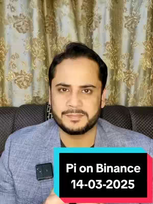 A man with a beard is centered, wearing a grey blazer against a blurred floral curtain background,. A rectangular graphic with the text "Pi on Binance 14-03-2025" covers the front of his body.