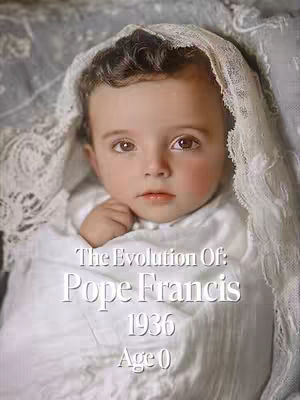 A color-enhanced image shows a baby swaddled in white cloth, wearing a lace-trimmed head covering. Text overlay indicates 'The Evolution Of: Pope Francis 1936 Age 0'.