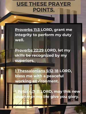The cover image presents a layered design. The top layer features text in a gradient tan box that reads 'USE THESE PRAYER POINTS.' Beneath this is a large black rectangle containing scripture verses with corresponding titles. The image behind the rectangle is a modern building with glass windows and exterior lighting, its neutral tones providing the backdrop to the text overlay. The image has a vertical orientation.