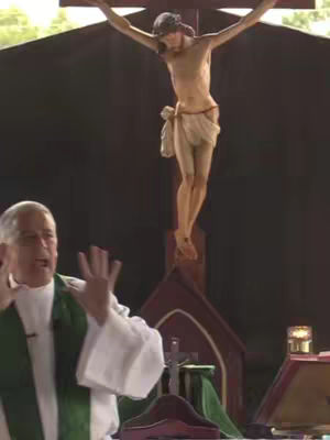 The image shows a man with short white hair, wearing a green and white garment, speaking with his hands raised. A statue of Jesus on the cross stands in the background. The wooden cross is silhouetted against a darker backdrop. The man is positioned on the left side, and the crucifix is centered. The overall color palette is muted.
