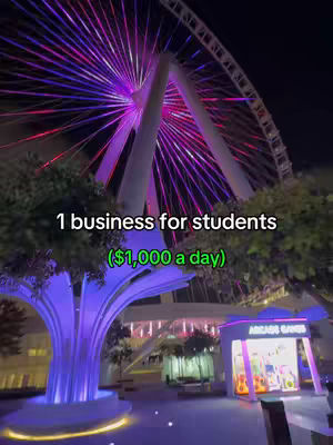 The cover image shows a night scene with a lit Ferris wheel in the background, illuminated with purple, red, and white lights. In front of it, there's a cityscape featuring a building with purple lights and an arcade games shop. The foreground includes trees or bushes. Overlayed text in white and green announces a business opportunity.