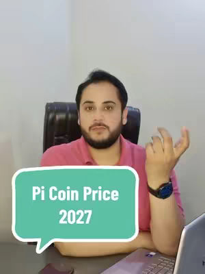 A man with a beard and a pink shirt is seated in an office and smiling, with an overlaid sticker indicating text related to Pi Coin's price.