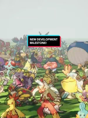 The cover image displays a crowd of pixelated Pokemon characters on a green field against a light-blue sky. A rectangular banner with the text 'NEW DEVELOPMENT MILESTONE!' appears in the center of the image.