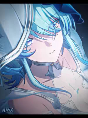 An anime-style illustration of a female character. She has long, flowing blue hair and light skin. The character is looking at the viewer, has light blue eyes, and is wearing a white and light blue outfit with detailed accessories. The background is dark, with soft lighting that highlights the character's face and hair.