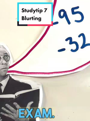 The image features a collage with several elements. A figure cutout of a man, dressed in a suit and glasses, is positioned in the bottom left corner. Above and to the right, a large speech bubble contains handwritten numbers and calculations, and a text overlay reading 'Studytip 7 Blurting'. At the bottom, in a separate text overlay, is the text 'EXAM.' The color palette is primarily white, blue, red, and black.