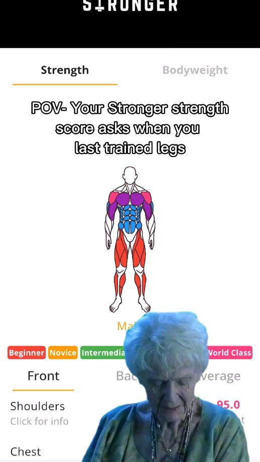 A cover image from the Strength app, showing an app interface with a person's face superimposed and the text overlayed on the interface: POV Your Stronger strength score asks when you last trained legs.