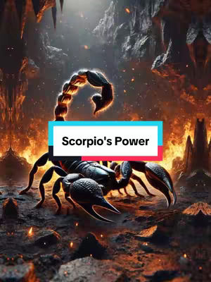 An artistic image featuring a large scorpion in a dark, fiery environment. The scorpion is the central focus, rendered in dark gray with detailed features, posed prominently on a rocky surface lit by glowing embers. The background shows dramatic rock formations and a fiery, glowing ambiance. A banner in the center of the image reads 'Scorpio’s Power'.