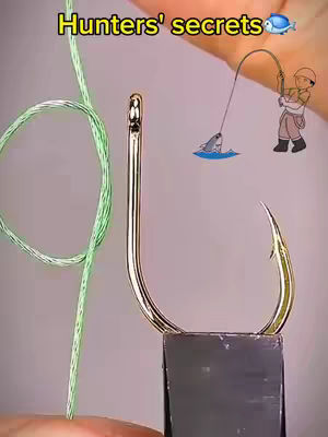 The image depicts a close-up view of a fishing hook, a tied knot, and a diagrammatic illustration. The main focus is on a sizable silver hook, placed on a black surface. Parallel to the hook a length of green fishing line is displayed, with a knot tied in the middle. Above, a cartoon-style drawing shows a person fishing, angling their rod, with a fish jumping out of the water. Green text 'Hunters' secrets' is on top.