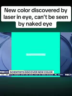 The image shows a screen grab from a news broadcast. The main focus is a pale green-blue hue that appears as a central square on the screen. Overlaid at the top is a white text box describing the color as 'New color discovered by laser in eye, can't be seen by naked eye'. Below this is a news bar identifying it as Fox Local, and the caption claims 'Scientists Discover New Color.'