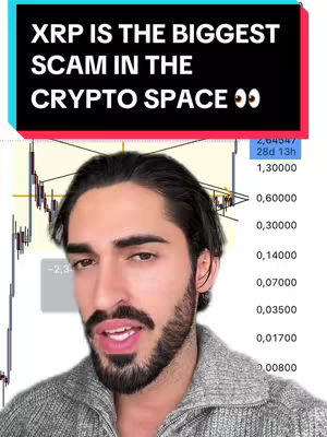 The cover image features a man with dark hair and a beard, centered against a white background. Above him is a banner with the text "XRP IS THE BIGGEST SCAM IN THE CRYPTO SPACE" in bold, white letters on a black and magenta background with red accents. Behind the man, a chart showing financial data is partially visible.