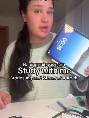 A woman is holding a tablet with the time 8:00 on the screen. The tablet is facing the viewer. The background shows a room, and textual overlays describe the content as study-related.