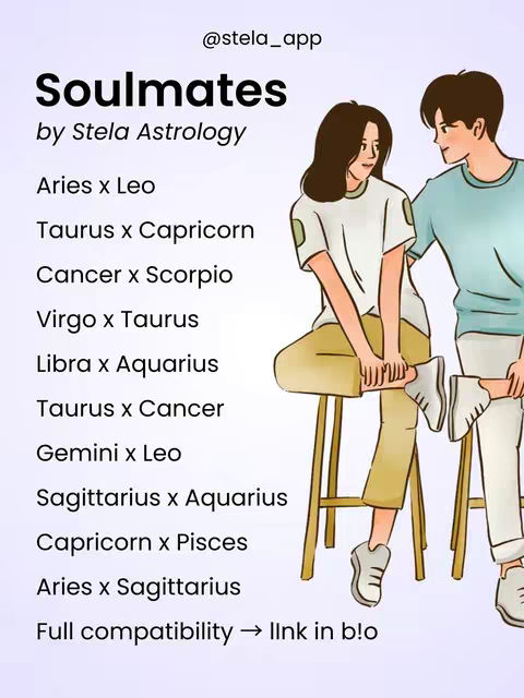 An illustrated image featuring two cartoon figures, a male and a female, seemingly in a relationship. The image is soft and pastel-colored, with a gradient background of light purple. The text overlay lists the zodiac signs and their compatibility matches. The composition is clean and appealing