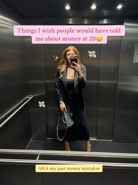 A woman in a sleek black outfit stands in an elevator, holding a phone up to take a picture in front of a mirror. Text overlays are featured on the image. The overall composition is clean and modern, with the focus on the person and the reflective setting.