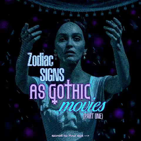 A woman in a dark, gothic-style image looks up with open hands. Text overlays include "Zodiac SIGNS AS GOTHIC movies (PART ONE)" in stylized fonts, set against a dark background with subtle purple speckles. The woman wears a white top and has an otherworldly texture, with what seems to be a planetary overhead projection of lights.