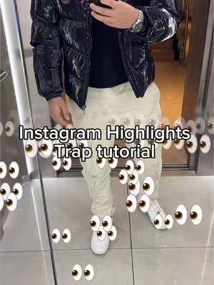 A man in a shiny black puffer jacket and light-colored pants stands in what appears to be a hallway or elevator. The image is divided into several layers: the background includes mirrors or reflective surfaces, and the foreground features floating cartoon eyes around the man.