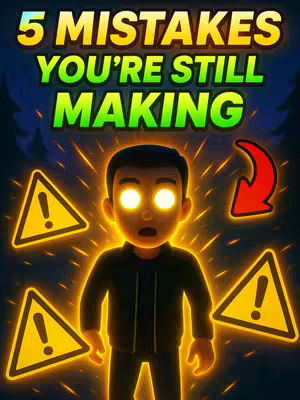A stylized image with a cartoon human figure at the center, its eyes glowing and mouth agape. There are yellow warning triangles with exclamation points on both sides and red arrow pointing to indicate the mistake theme of the cover. The background is dark with green glowing lines in a forest.