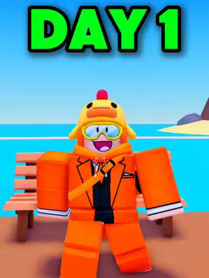 A vibrant cover image for a Roblox video. A Roblox character wearing an orange suit and a duck hat stands in front of a beach scene and a wooden bench. The text "DAY 1" overlayed on top giving it an appealing look.