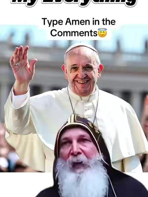 The cover image features a split visual with an older man in a white robe waving at the viewer, positioned above a close-up of another older man with a long white beard. Text overlay reads 'Type Amen in the Comments' in a playful manner with a halo emoji.