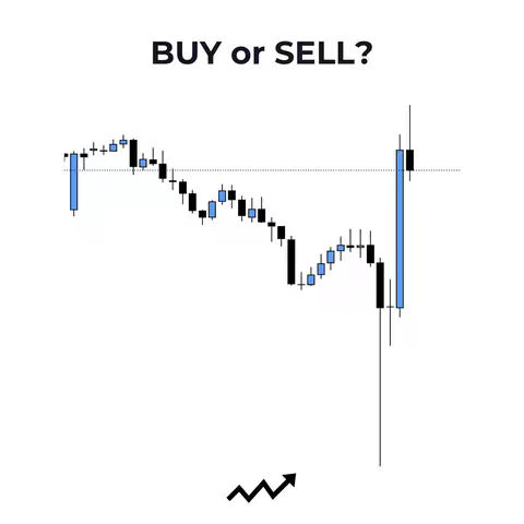 The cover image showcases a stock market chart with candlestick patterns. The background is white. Above the chart is the text 'BUY or SELL?' The chart displays black and blue candlesticks forming a pattern. An arrow points upward from the bottom left.