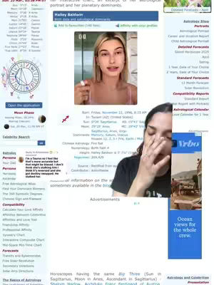 A split-screen image showing a screenshot of an astrology website displaying information about Hailey Baldwin, overlaid with a video of a woman reacting. The website features text and a photo of Baldwin, while the video shows a woman with her hand on her face.