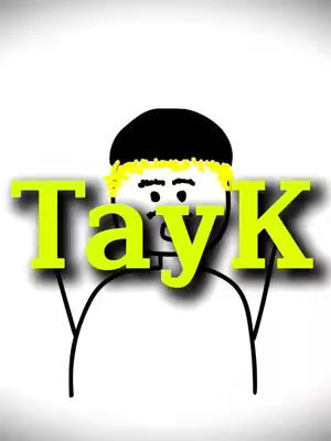 A simple illustration of a stick figure holding the text "Tayk". The background is white. The text "Tayk" is in bold, lime green, and has a slight black outline. The stick figure has a black head with black hair, a white body, black arms, and some yellow hair in a circular shape around the head.