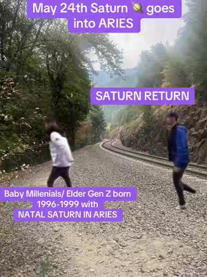 A cover image shows a gravel path flanked by trees and a hill. Two people are walking on the path towards the viewer. Text overlays in purple boxes read "May 24th Saturn goes into ARIES", "SATURN RETURN", and "Baby Millennials/ Elder Gen Z born 1996-1999 with NATAL SATURN IN ARIES."