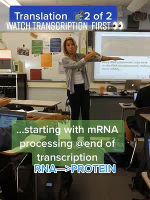 A woman stands in a classroom, gesturing towards a screen and whiteboard while teaching biology. Text overlays highlight key concepts like mRNA and protein synthesis.