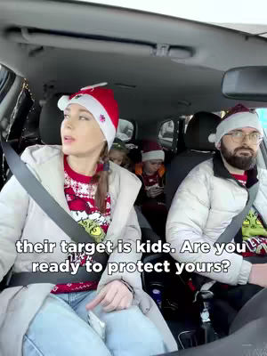 A family inside a car, including a woman in the front with a Santa hat, looking to the side. The hook text is at the bottom, and the car interior and other family members in Santa hats are visible.
