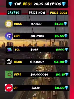 The image is a graphic displaying cryptocurrency price predictions. It has a dark background with a highway scene overlaid. The top section is a banner with the words "TOP BEST 2025 CRYPTOS". Below, there's a table with headings for cryptocurrency symbols, "PRICE NOW", and "PRICE 2025" with a light blue diamond icon at either end.  Each row of the table lists a different cryptocurrency such as DOGE, GRT, SOL, ROBO, PEPE, and OP along with their current and predicted future prices. The layout is clean, with bold text and a consistent color scheme. The background is a view of cars on a bridge or highway at dusk or dawn with street lights illuminated.