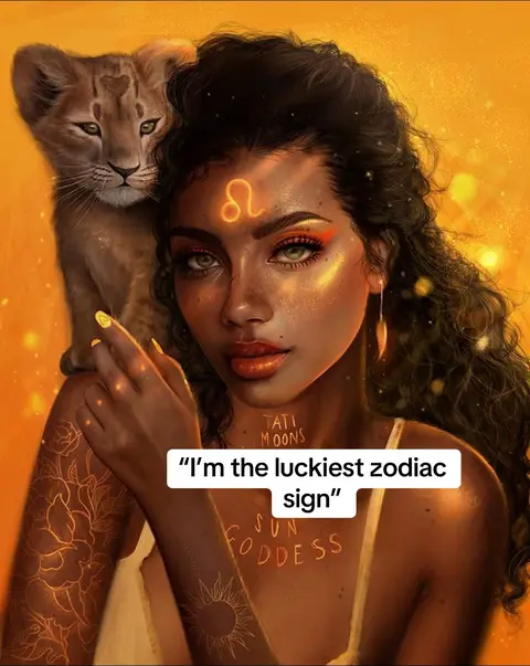 A digital artwork with a warm, golden color palette. A dark-skinned woman with curly black hair is the central focus. She has golden eyes, orange eyeshadow, and red lipstick. A small lion cub rests on her shoulder. A glowing Leo symbol sits on her forehead, and a golden tattoo adorns her arm, completing a celestial them. Text overlayed at the bottom reads, "I'm the luckiest zodiac sign."