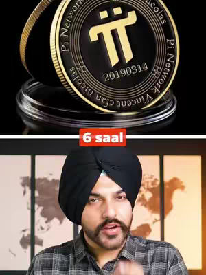 The image is divided into two parts. On the top, a close-up displays a Pi coin on a transparent pedestal against a black background. The coin prominently features the Pi symbol and the text '20190314'. The bottom portion shows a man wearing a black turban speaking, with a world map visible in the background. The text '6 Saal' is overlaid on the video.
