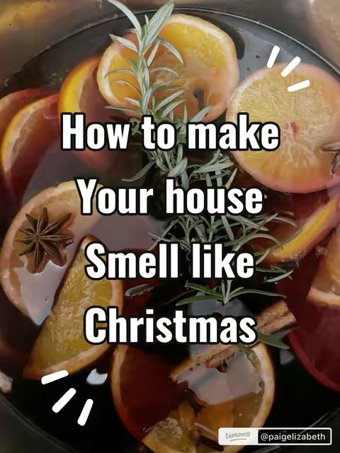 The image shows a close-up shot of a simmering pot filled with water and various ingredients, likely for a simmer pot recipe. Sliced orange pieces, cranberries, cinnamon sticks, and possibly other spices are visible. The pot and ingredients are arranged in a way that suggests coziness and warmth, with a shallow depth of field that puts the focus on the scented mixture. The top layer is the text overlay, which is white with a black outline, it conveys the essence of a seasonal recipe intended to fill a home with festive scents.