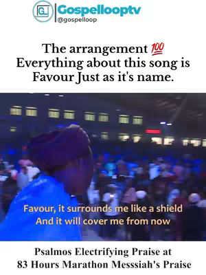 The image shows a dynamic, live stage performance bathed in colorful stage lighting with a large, blurred crowd. In the foreground, the back of a person wearing a purple head covering and blue shirt is visible, suggesting the focus is on the event. The text overlays convey the theme of praise and religious event.