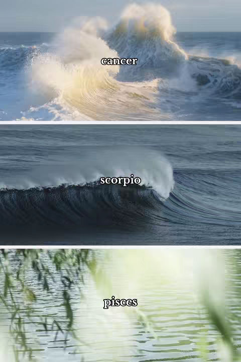 The image is a triptych featuring three distinct sections. The top section showcases a large wave crashing in the ocean, with 'cancer' overlaid in white text. The middle section depicts another wave, smaller compared to the top, with 'scorpio' in white text. The bottom section shows a blurred view of water with some reeds, and 'pisces' in white text. The composition uses natural elements of the ocean and water to represent the zodiac signs.