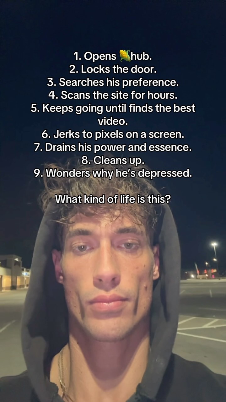 A man in a black hoodie is featured in a selfie-style shot against a dark background, possibly a parking lot. The person's face is the main focus, with the camera angled slightly up. Overlayed on the image are numbered statements about internet use. The man's expression is directed toward the camera. The overall composition is somber, with the text emphasizing a feeling of discontent.