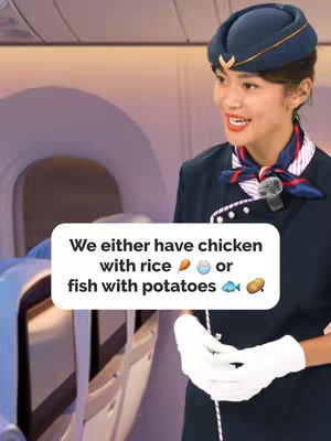 A woman in an airline uniform is shown against the backdrop of an airplane interior. She is smiling and presenting a text box with options for airplane meals.