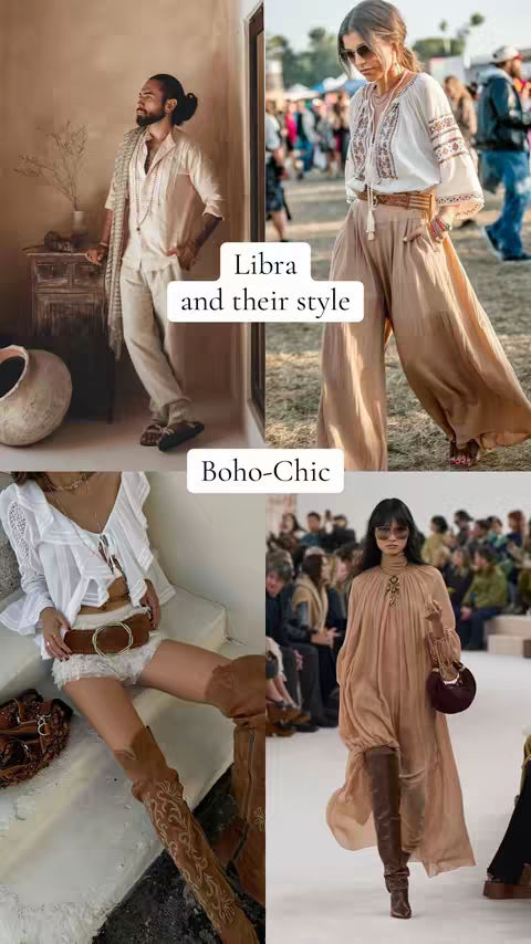 A collage of four images. Top left: A man in neutral colored clothing stands in a room. Top right: A woman wearing sunglasses and a flowing bohemian style outfit walks outdoors. Bottom left: Woman wearing a similar styled dress with high boots sitting down. Bottom right: A woman wearing a long style dress wearing high boots. A text overlay reads "Libra and their style Boho-Chic".