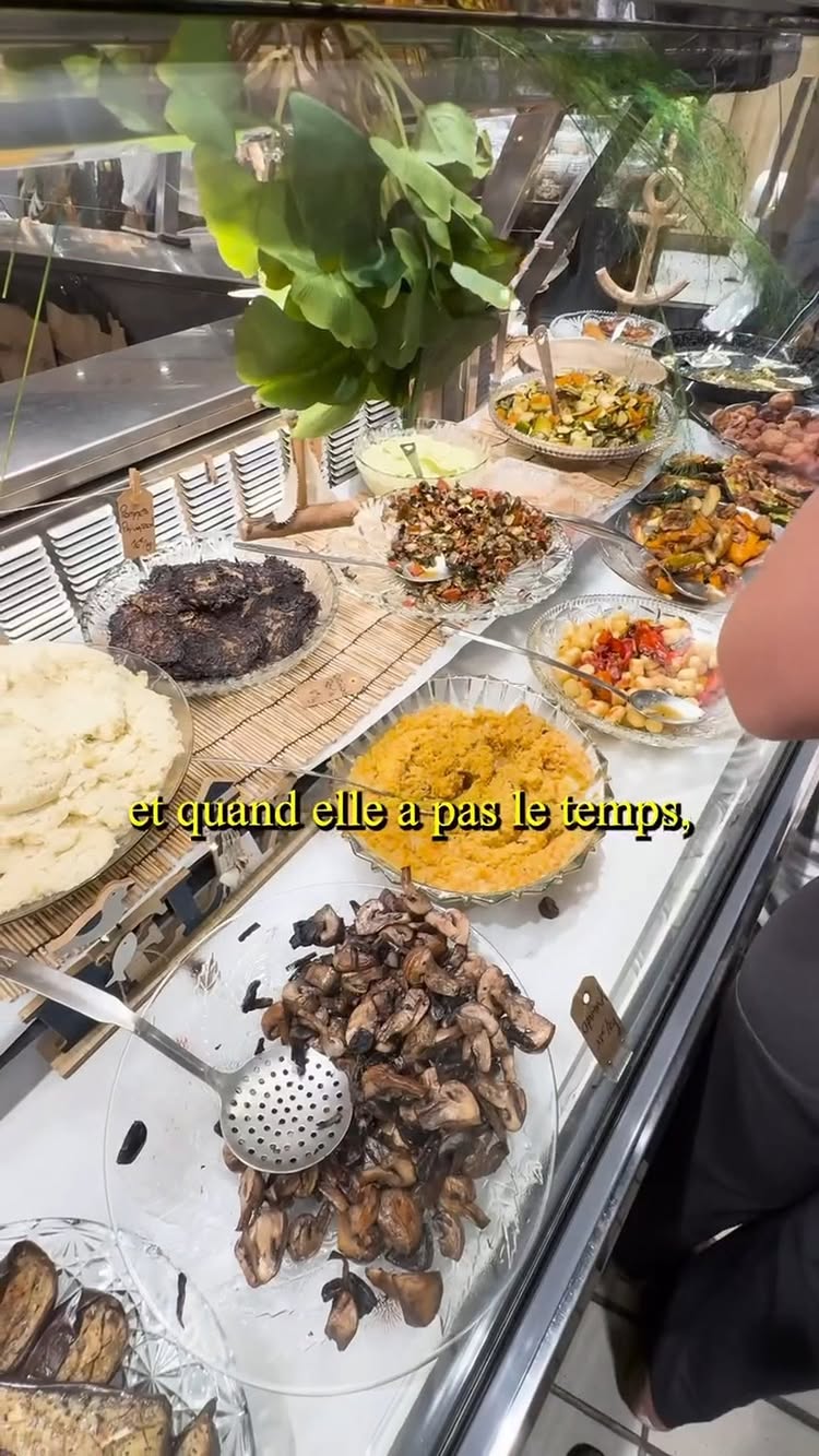 The cover image displays a variety of prepared dishes displayed in a refrigerated food counter. Various bowls and trays hold items like mashed potatoes, mushrooms, vegetables, and a yellow puree. Text overlays the image.
