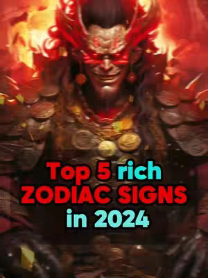 A digitally created image featuring a demon-like figure with a fierce expression, set against a backdrop of flames. Text overlaid on the image indicates the video's focus on the top 5 richest zodiac signs.