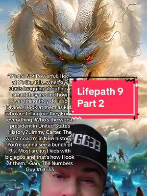 A man in a GG33 branded hat is the primary focus, with a text overlay containing the title and a quote relating to Numerology, all set against a background featuring a detailed illustration of a dragon.