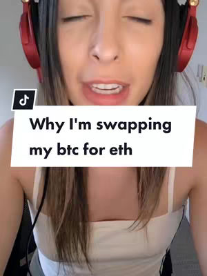 A woman with long brown hair wearing red headphones looks at the camera. A white rectangle with black text overlays her face, with a black TikTok logo in the top left corner and a white wall behind her.