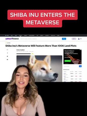 A woman with long wavy hair is shown from the chest up, smiling slightly, with a news headline about Shiba Inu in the Metaverse. A red banner with white text reads, "SHIBA INU ENTERS THE METAVERSE."