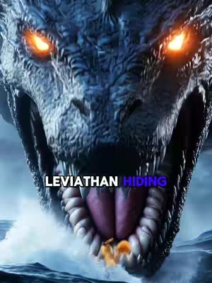 The image features a close-up of a monstrous creature's face, likely a dragon or similar mythical beast. The face is dark, with a rough, textured skin. The eyes are glowing orange, providing a focal point amid the shadowed details. The creature's mouth is open, revealing rows of sharp teeth and a large, pink tongue. The background suggests a watery environment with waves. The text overlay reads 'Leviathan Hiding'.