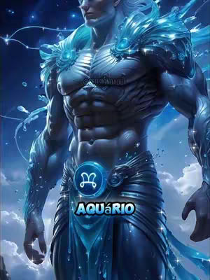 A muscular, humanoid figure, likely an AI-generated artwork, stands prominently. The figure is depicted with a pale, almost metallic blue skin tone. It features a toned physique with visible musculature and an elaborate design around the shoulders, resembling feathered or crystalline structures. The figure is adorned with a belt or emblem containing the Aquarius symbol, overlayed with text that reads "AQUÁRIO". The background is a textured, cloud-filled sky, with highlights adding depth and dynamism to the composition.